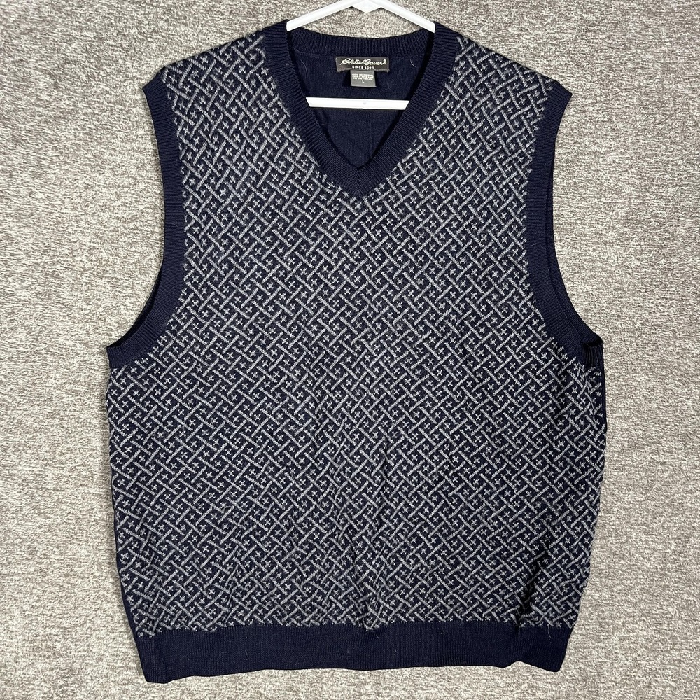 Eddie‎ Bauer Sweater Vest Mens Large Blue Merino Wool Knit Geometric Pattern